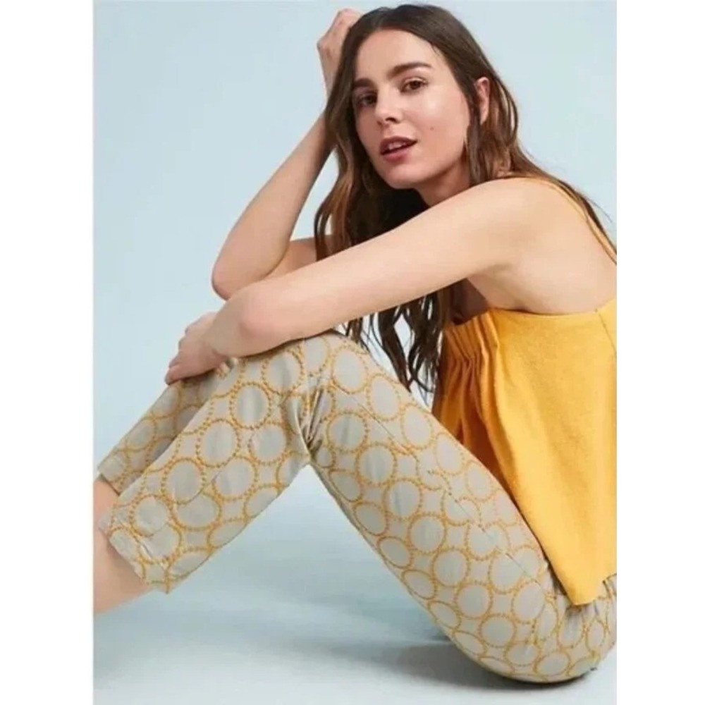 Chino by Anthropologie 29 Relaxed Circle Embroidered Pants Grey Yellow Artistic